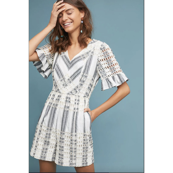 Anthropologie ett:twa Striped Eyelet Ruffle Romper Playsuit - Picture 1 of 8